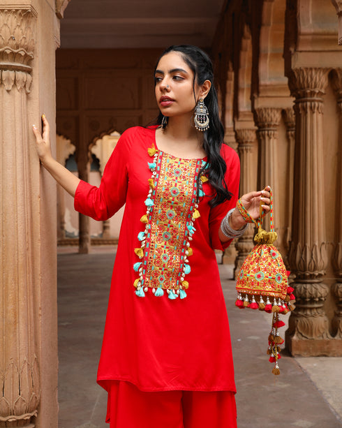 Scarlet Red Asymmetrical Set with Cowl Pants